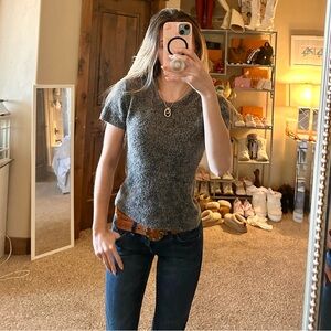 Adrienne Vittadini VTG 90s Preppy Gray Knit Wool Blend Short Sleeve Sweater Tee